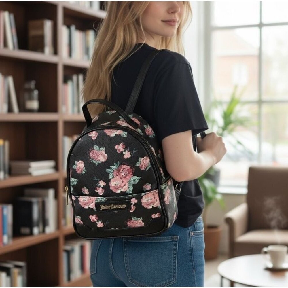 Juicy Couture Black Pink Floral Faux Leather Mini Backpack Bag Purse